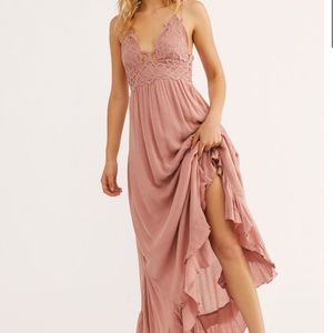 Free People Adella Crochet Maxi Slip Dress in Rose Pink